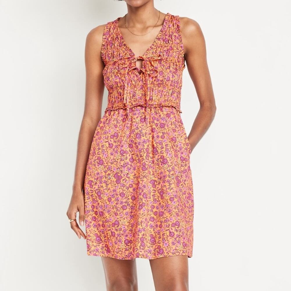 Old Navy Pink Floral Fit & Flare Smocked Bodice Mini Dress